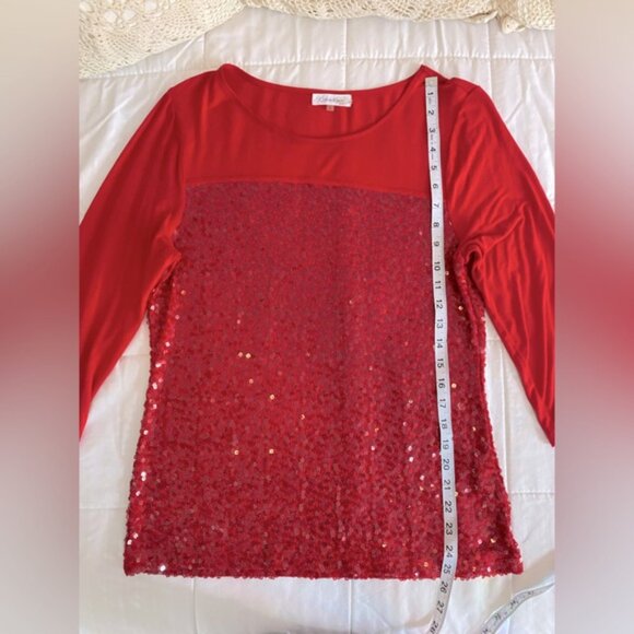 CALVIN KLEIN Blouse, Red Sequin Panel Top, Sz Large - Picture 5 of 5